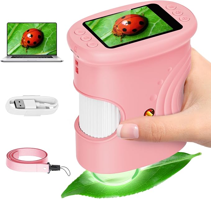Alotwan Kids Microscope Digital 1000X Zoom, Mini Pocket Handheld Microscope Portable Travel Toys, HD Camera Video Magnifying Glass, Christmas Birthday Gifts for Girls, STEM Toys for Toddlers Age 3-8