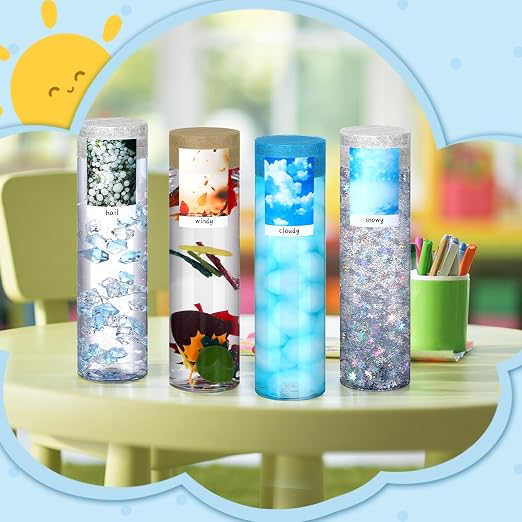 12 Pcs Weather Sensory Bottle Kits 13.5oz Plastic Calm Down Bottle with Lids 7 Styles Stickers Glitter Sequins Filler Acrylic Ice Cubes DIY Calm Down Jar Kit Accessories for Relieving Anxiety