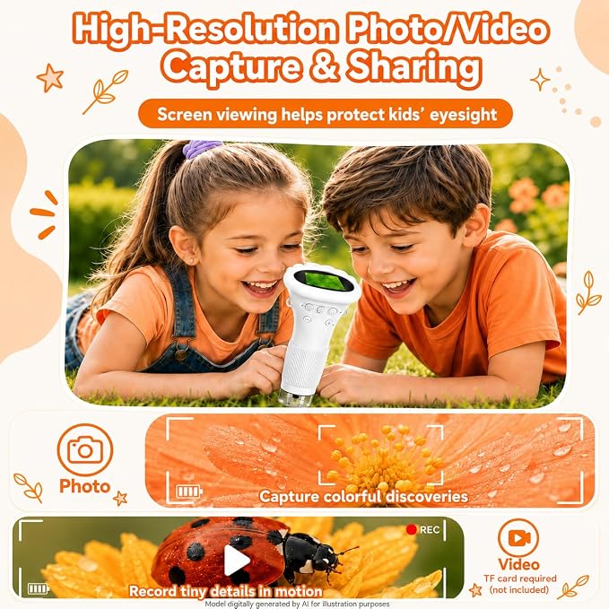 1000X Microscope for Kids, 2'' Screen Kids Wonder Quest Microscope Camera | , Digital Handheld Microscope, Educational Kids Magnifying Glass, Christmas Birthday Gifts for Age 3 4 5 6 7 8 9 10- White