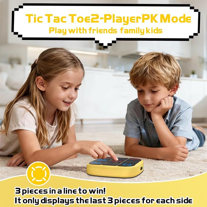 KOQQQ Rechargeable Tic-Tac-Toe Bolt Game, Upgraded 4-in-1 Handheld Puzzle Console, Electronic Educational Memory Game, Portable Travel Car Ride Board Games for Kids Adults (Yellow)