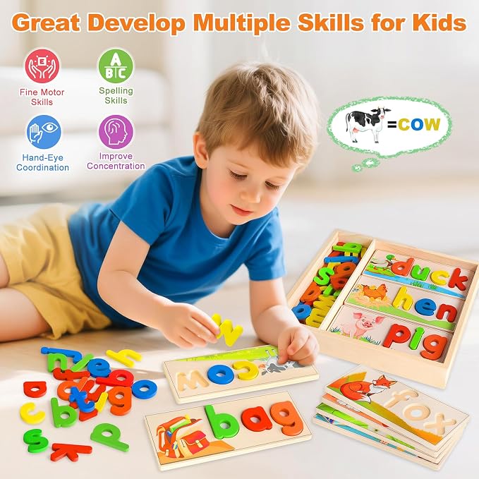 Learning Toys for 3 Year Old, Alphabet Puzzle Spelling Games Preschool | Wooden Alphabet Puzzle with 52 Letter Blocks, CVC Word Matching, Montessori Learning for Preschool Kids Ages 3-5