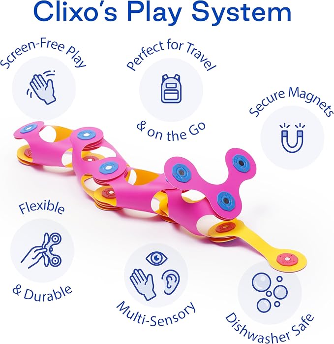Clixo Itsy Pack, Fun Travel STEM Magnetic Toys (18 Pc, 4+, Pink/Yellow) | Compact open ended toys for screen-free play. Airplane activities and kids road trip games. Easy to clean magnetic STEM sets.
