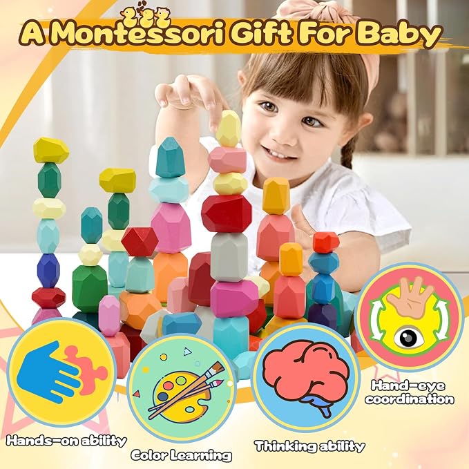 MEGRANATE 39PCS Montessori Wooden Stacking Rocks Toys Colorful Stacking Stones Building Blocks Games Sensory Toy for Kids Educational Learning Toys for 3+ Years Old Kids