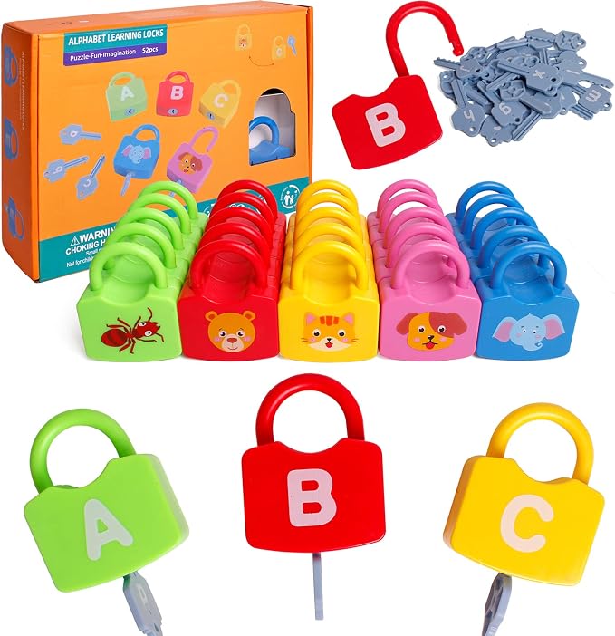 Dinhon Color Alphabet Learning Lock Toys Educational Letter Combination-with 26 Locks, 26 Keys Montessori Preschool Alphabet Learning Game for Ages 3 yrs+