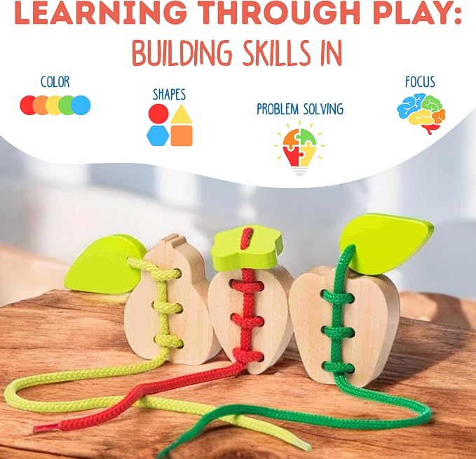 Wooden Lacing Fruit Set – Montessori Threading Toy for Toddlers Ages 3+ – Made from Natural Wood with Water-Based Paints – Travel-Friendly Educational Gift for Boys & Girls