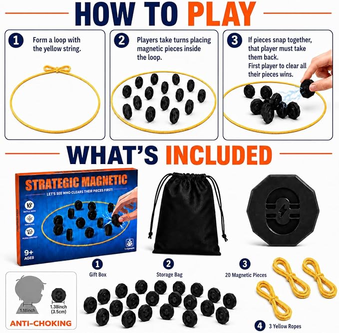 Magnetic Chess Game with 20 Full-Size Stones, Magnet Game with 3 String | Portable family game for kids, teens and adults, perfect for game nights, parties, travel, camping and indoor or outdoor play