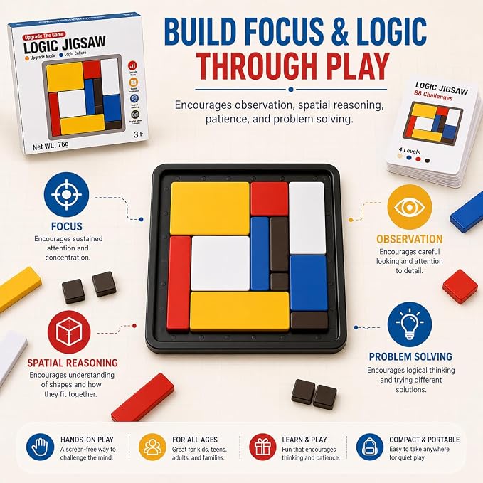 Logic Puzzle Brain Teaser Game for Kids and Adults, 88 Challenges with 4 Difficulty Levels, Portable Travel Puzzle Set for Brain Training and Screen-Free Learning by Sooshoom