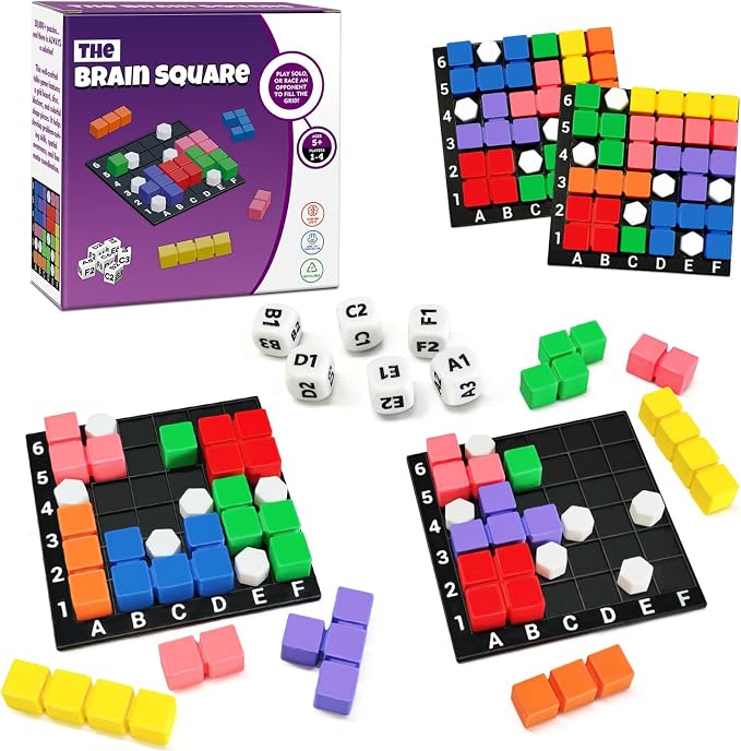 4 Players STEM Puzzle Game The Brain Square with 160000+ Solutions Pattern Matching Blocks Brain Teaser Toy Roll Dice & Race Your Opponent to Fill Grid for Kids Birthday Graduation