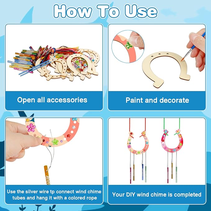 Fennoral 16 Pack Horseshoe Wind Chime Kit for Kids | Make Your Own Wooden Arts and Crafts Ornaments DIY Coloring Horseshoes Craft for Art Activity Birthday Supplies