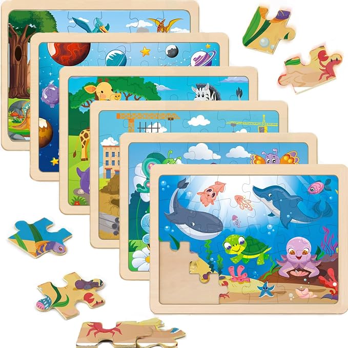 Wooden Puzzles for Kids Ages 4-6, 6 Packs 30 PCs Jigsaw Puzzles for Kids Ages 3-5 | 4-8, Wooden Puzzles for Toddler Children Learning Educational Puzzles Toys for Boys and Girls