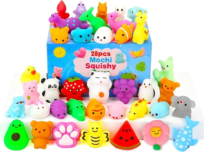 Squishy Toys for Kids, 28 Pack Mini Mochi Squishies and Cards | Soft Fidget Toys Goodie Bag Stuffers Party Favors for Kids Treasure Box Classroom Prizes
