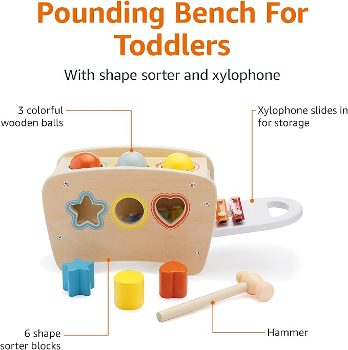 Amazon Basics Musical Pounding Bench With Xylophone and Shape Sorter Educational Toy for Toddlers, Developmental Learning Toy, Age 18M+, Boy Girl Baby, 11.6 x 5.2 x 6.3 inches, Multicolor