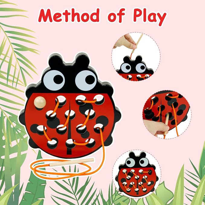 Sealive Wooden Lacing Toys for Toddlers, Fun Learning Activity | for Preschoolers, Develop Fine Motor Skills, Durable Montessori Toy for Travel (Ladybug)