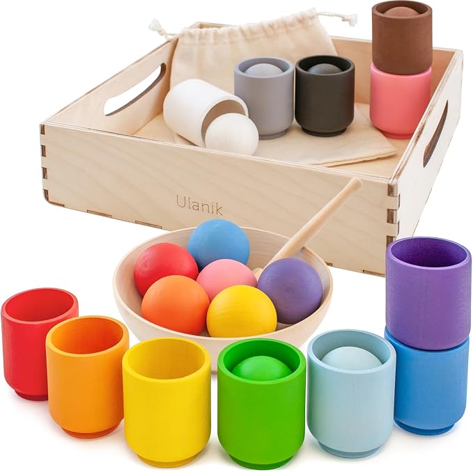 Ulanik Balls in Cups Full Set Montessori Toys for 1 Year Old | Open-ended wooden sorting set; 12 clear colors; tray and bag for easy storage