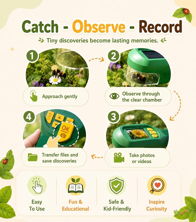 Bug Catcher for Kids with Camera & Auto-Focus | Digital Microscope,Outdoor Explorer STEM Science Kit, Birthday Gifts for Boys Girls Ages 3-8
