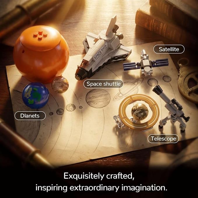 Spinning Solar System Space Building Kit with Rotating Planet Model | solar system building kit with rotating planets, space shuttle, telescope, and STEM learning for creative building (672 Pcs)
