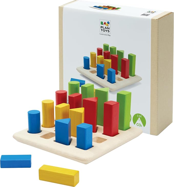 PlanToys® Geometric Peg Board Wooden Shape Sorting Toy for Kids Ages 2+ | wooden geometric peg board, shape sorting stacking, montessori STEM toy, fine motor color learning coordination, kids ages 2+