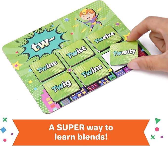 Melby Toys Super Blends Phonics Reading Game for Kids Ages 6-8 | 22 Consonant Blends, Digraphs & CVC Words | Kindergarten, 1st & 2nd Grade Reading Board Game | Learn to Read & Spelling Game