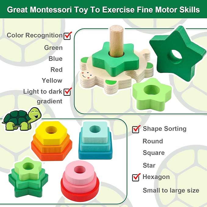 WOOD CITY Montessori Wooden Stacking Toy for Toddlers, Detachable Turtle Shape Sorter with Color & Size Recognition, Early Learning Educational Gift Develops Hand-Eye Coordination & Spatial Awareness