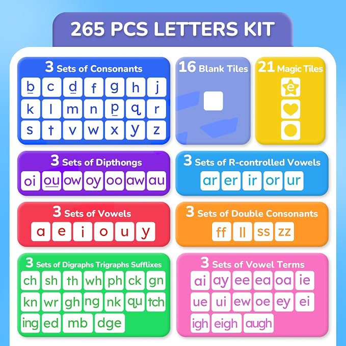 JoyCat 265 Phonics Magnetic Letter Tiles, with 3 Word Building Folder | 265 magnetic letter tiles with word folders support phonics, spelling and reading practice for preschool classrooms