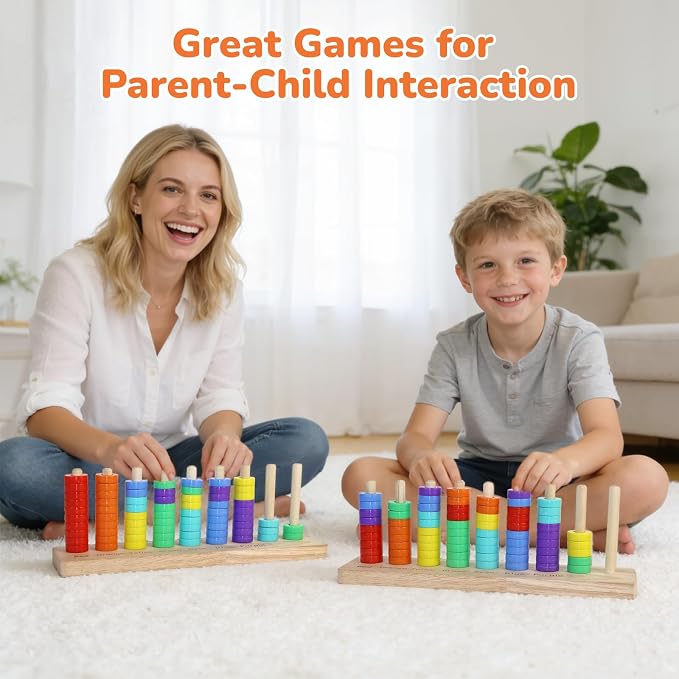 Color Sorting Stacking Game Toys, 7 Colors Ring Stack Challenge Puzzle Game, Wooden Rings Color Matching & Stacking Toys for Kids, Competitive Tabletop Game for Family Night, Gifts for Boys and Girls