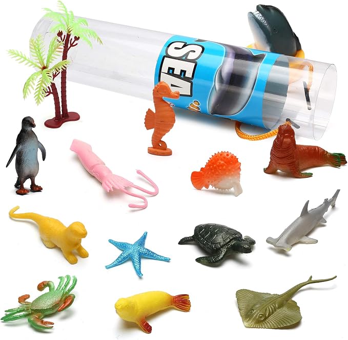 82 Pack Assorted Mini Animal Figures, Small Animals Toys for Sensory Bin | 6 Tubes Plastic Animals with Realistic Farm, Dinosaur, Insect, Ocean Sea, Zoo and Dog Figures as Cupcake Topper Party Favor