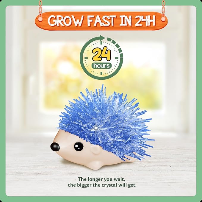 Crystal Growing Kit - 4 Vibrant Hedgehogs Fast 24H, STEM Gift for Kids 6-12 | Grow 4 vibrant hedgehogs in 24H. STEM science kit for ages 6-12. Educational DIY toy, great birthday gift for boys & girls.