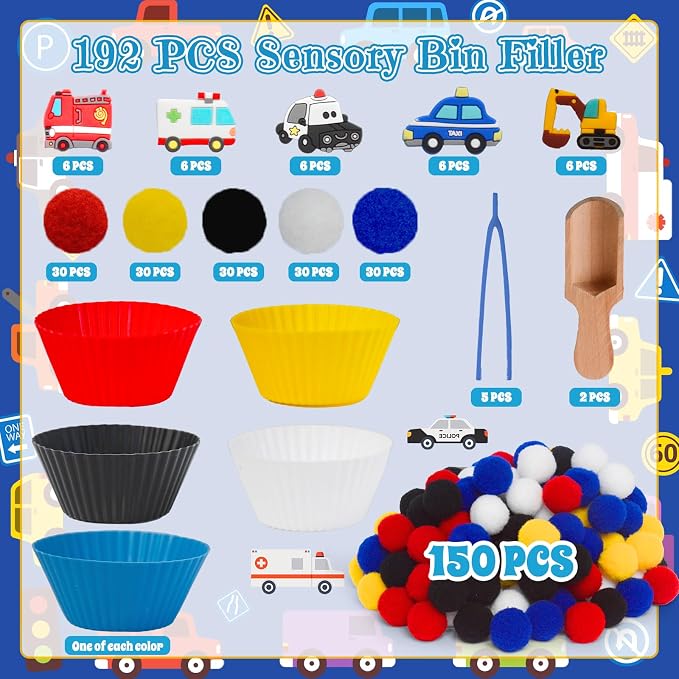 192pcs Back to School Cars Sensory Bin Filler Fine Motor Toys Transportation Toys Sensory Bin Items Toy Ambulance Fire Engine Police Car Excavator Taxi for Preschool Education Activities