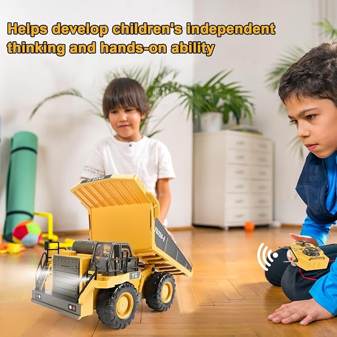 KidsFaves RC Dump Truck, 9CH Remote Control Dump Truck with Metal Dump Bed, 45° Lifting & 360° Rotation, 2 Batteries, Lights & Sounds, Construction Toy for Boys Age 3+