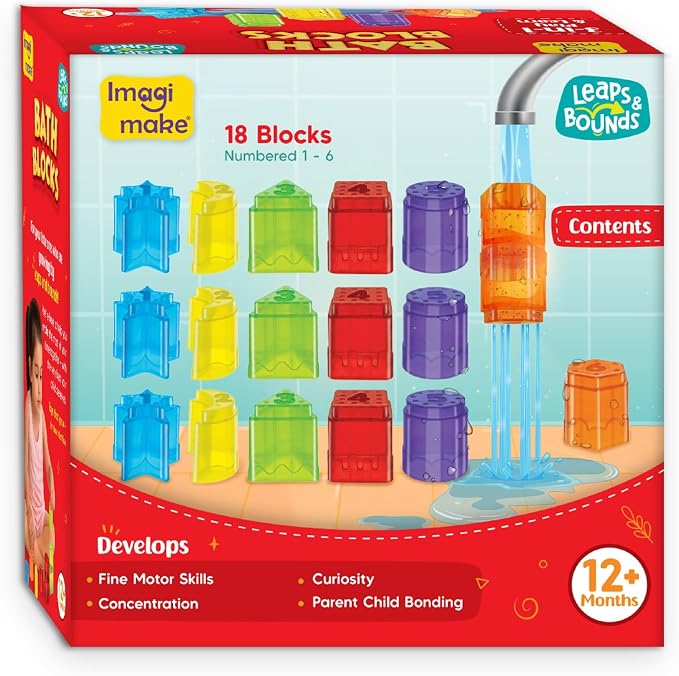 Imagimake Leaps & Bounds - Bath Blocks, 3-in-1 Bath Toy, Ages 12 Month+ | Early Learning Bath Toy, Learn Numbers, Colors & Stacking Skills, Birthday Gift for Boys & Girls Ages 1,2,3 Years Old