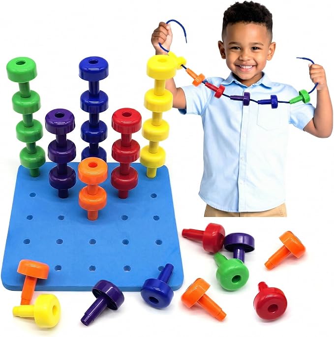 Foam Peg Board Toy - 36 Pegs, Foam Board, Lacing String, Storage Bag - Occupational Therapy Toys - Fine Motor Skills Toys for Toddlers and Kids (Blue)