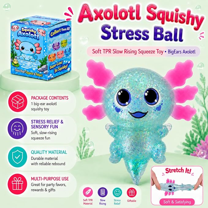 Axolotl Squishy Stress Ball, Soft TPR Slow Rising Squeeze Toy, Cute Axolotl Fidget Toy for Stress Relief, Anxiety Calming Sensory Toy for Kids Adults(Green BigEars Axolotl)