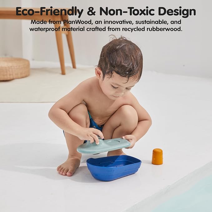 PlanToys® Tugboat Wooden Bath Toy, Floating Boat Fine Motor Imaginative Play