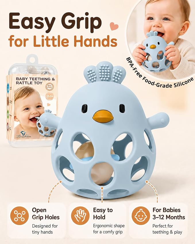 Tinabless 2-in-1 Baby Teething Rattle Toy, Easy Grip Silicone Teether for Babies 3-12 Months, BPA-Free Sensory Grasping Chew for Sore Gums, Infant Shower Gift (Blue w/Rattle)