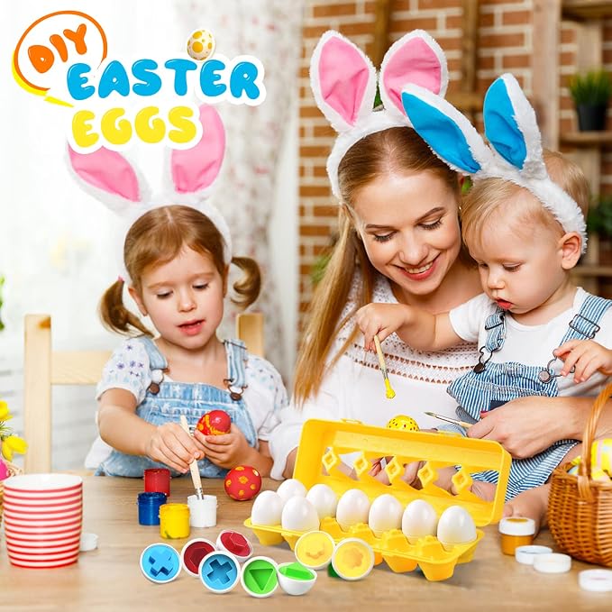 Matching Egg Toy 12 Pcs Develops Toddlers' Color & Shape Recognition Skills | Easter Basket Gift for Boys & Girls, Montessori Travel Toy for Kids 1-3, Fun Sorting Puzzle for Daily Early Education