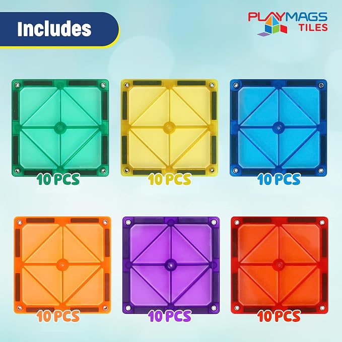 Playmags 60-Piece 3D Magnetic Tiles Squares Set - Featuring Supermags Twice as Strong, Riveted for Safety, STEM Educational Building Blocks for Kids, Compatible with Major Brands, Ages 3+