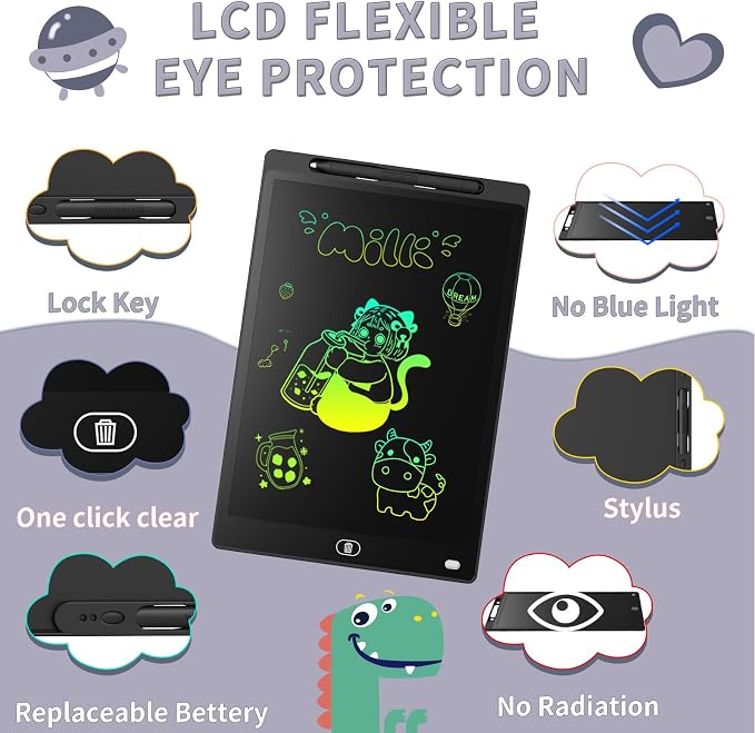 Genialba LCD Writing Board 8.5 Inches, Colourful Electronic Tablet, Portable Erasable Drawing Board, Graphic Tablet for Children's Games 3 4 5 6 7 Year Old Kid Boys Girls (Black)
