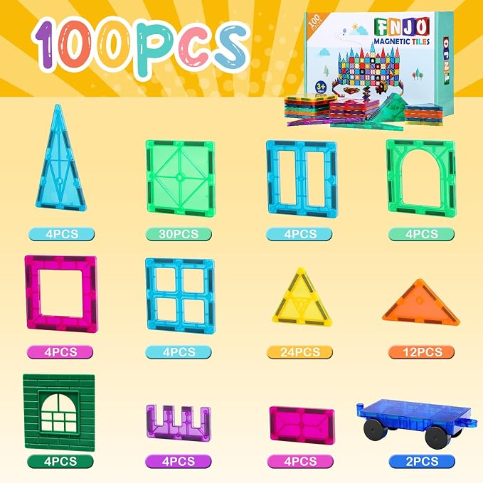 FNJO Magnetic Tiles, 100PCS Building Blocks, STEM Magnets Building Toy Set, Preschool Kindergarten Construction Stacking Toy, School Teacher Supplies, Classroom Must Haves