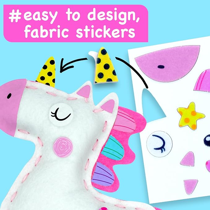 EZCRA Unicorn Sewing Kit for Kids Ages 4-8 - 4 Beginner Projects | Sewing Craft Kit for Girls. 4 Easy DIY Projects with Felt Stickers. No Mess Arts and Crafts Gift for Girls.