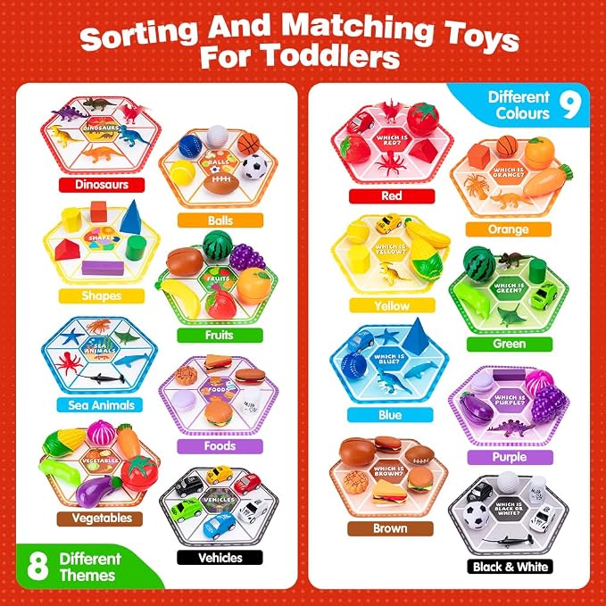 48-Piece Sorting-Toys-for-Toddlers, Learning Fine-Motor-Toys Sorting-Games | Sorting Matching Toys Match Card & Sort Game Set with Storage Bag, Animals Dinosaurs Fruits Foods Balls Playset for Ages 2–5