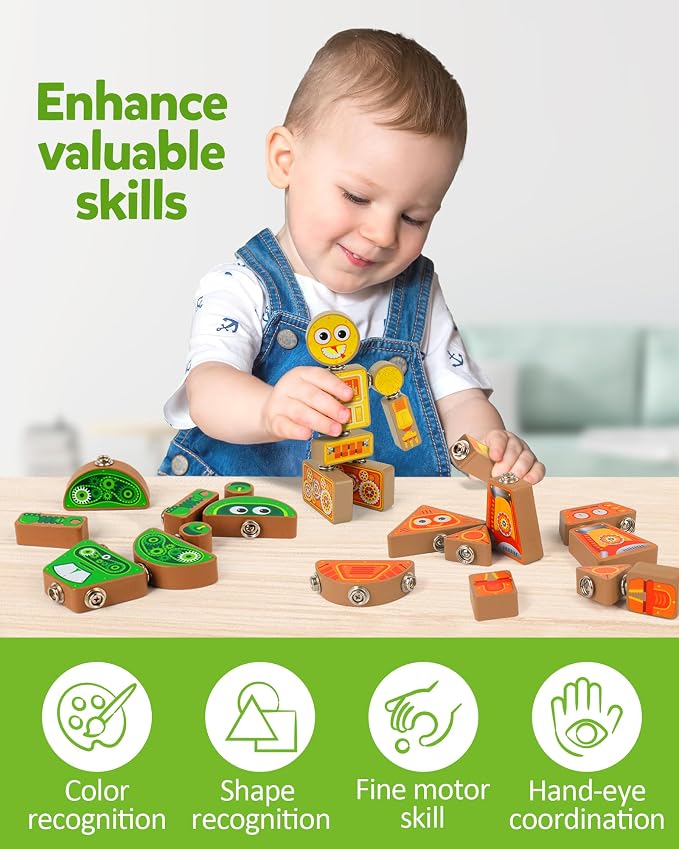 Coogam Snap Together Robot Builders for Toddlers | Wooden Take Apart Robot Build Block Playset, Fine Motor Skill STEM Educational Montessori Toy Gift for 3 4 5 Years Old Kids