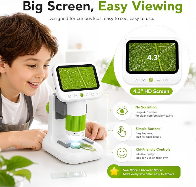 Kids Microscope with 1080P 4.3" Screen, 2-in-1 Desktop/Handheld Microscope | 1000X Microscope for Kids with 6 Slides, Photo/Video Capture, 8 LED Lights, 8GB Card, Birthday Christmas Gift for Kids 3-12