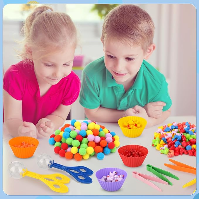 228 Pcs Colorful Sensory Bin Filler Fine Motor Toys Counting Sorting | 120Pcs Pom Pom 90Pcs Mini Resin Duck 12Pcs Sorting Cups 4Pcs Tweezers 2Pcs Scissors Clips for Preschool Early Education