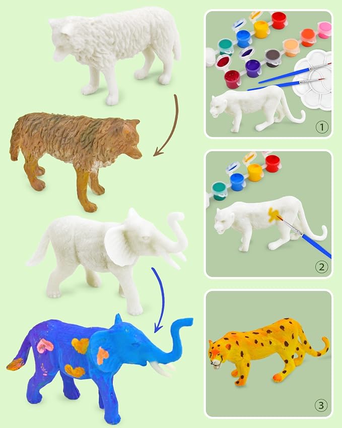 Vileafy Safari Animal Painting Craft Kits, 12 Paintable Figurines for Kids | 12 Jungle Animal Figures with 36 Colors. Fun Animal Crafts for Birthdays, Classrooms and Party Favors