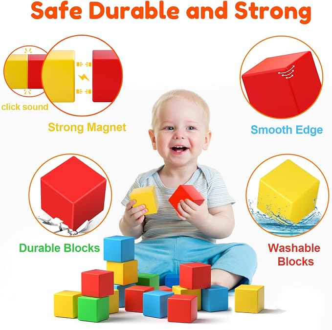 Feoxialy Magnetic Blocks,1.42IN 32pcs Large Magnet Building Block for Kids | Toddlers Toys for 3 4 5 6 7 8 Year Old Boys Girls Magnet Cubes Learning Sensory Toy for Kids Age 4-8 Christmas Birthday Gifts