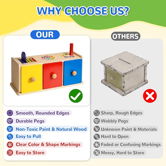 Wooden Montessori Toys for 1+ Year Old, Fine Motor Skills Sensory Preschool Learning Educational Toys, 3 in 1 Color Sorting Drawer Box Toddler Gifts for Boys & Girls 12-36 Months