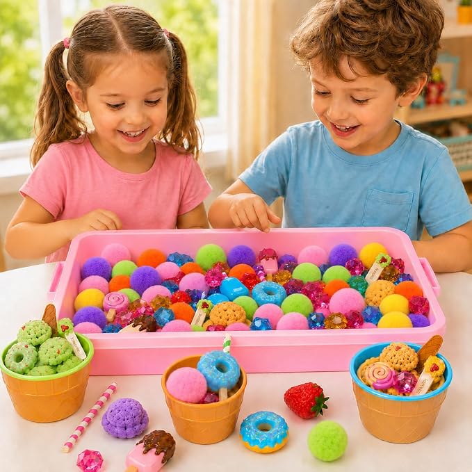 Cinrobiye 234 Pcs Ice Cream Sensory Bin Fillers Summer Sweet Treat Dessert Sensory Bin Items Filler Fine Set with Tools Storage Box Pompoms for School Home Activities Sorting Counting Decor