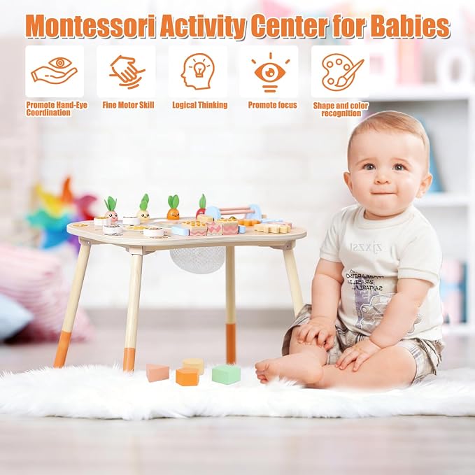Wooden Activity Table for 1 Year Old Toddlers Sensory Table Activity Center | Wood Montessori Baby Activity Table Shape Sorter Game Sensory Toys for 2 1-3 Kids Gift (Length*Height: 17"*11.8")
