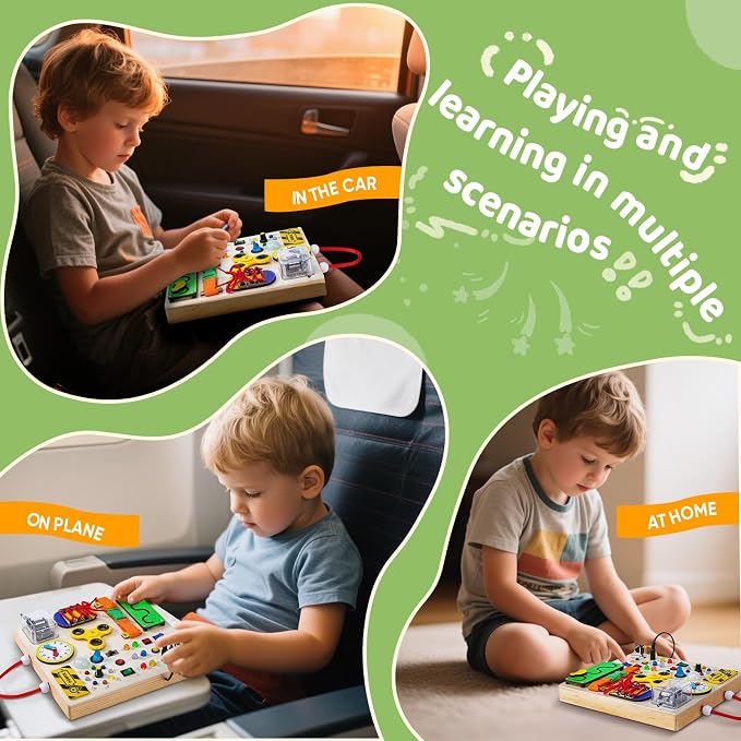 Busy Board Montessori Toys for 1 2 3 Years Old Toddler,Wooden Sensory Educational Fidget Board Toy with Led Light Up Switches & Music Boxes,Travel Toys for 1+ Year Old Boy & Girl Birthday Gift