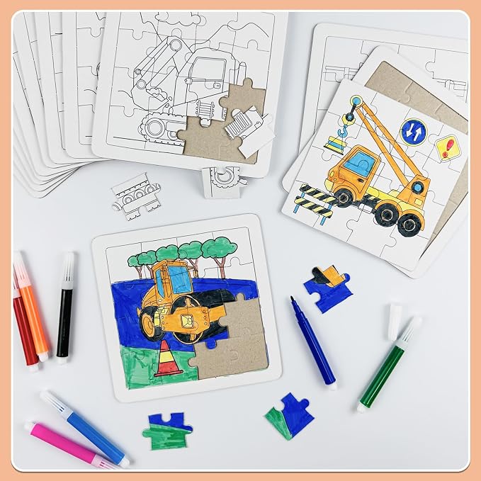 Cinrobiye 24 Pcs Construction Coloring Jigsaw Craft Kit for Kids, DIY Engineering Vehicle Activity Set Bulk with 12 Designs, Excavator Birthday Party Favors, Classroom Art Projects